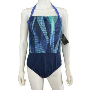 Nike One Piece Swimsuit Size L Blue Teal Purple Geo Print Halter Athletic NWT